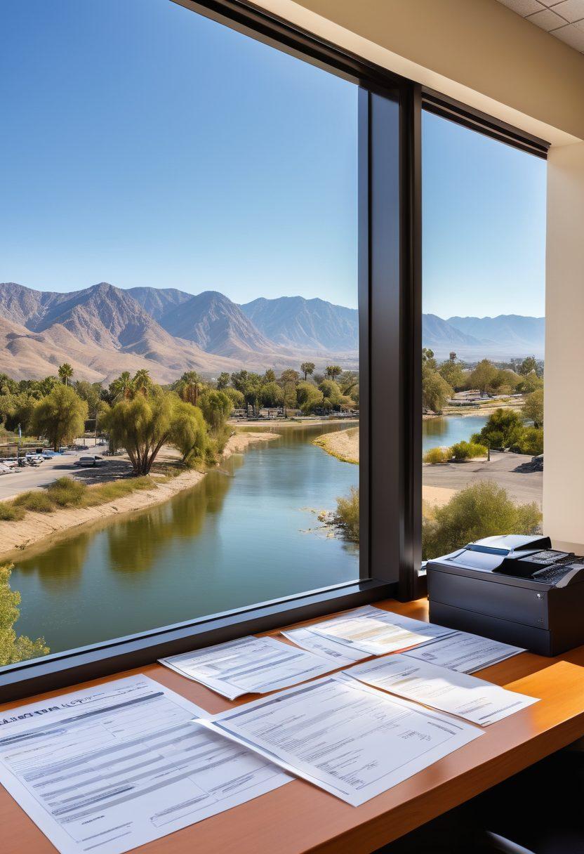 A scenic view of Riverside County showcasing recognizable landmarks and the natural beauty of the area, with a backdrop of a sunlit office filled with tax documents, calculators, and a friendly tax advisor guiding clients. Include diverse individuals engaged in conversation, and a clear sky above symbolizing clarity and guidance. warm colors. super-realistic. harmonious atmosphere.