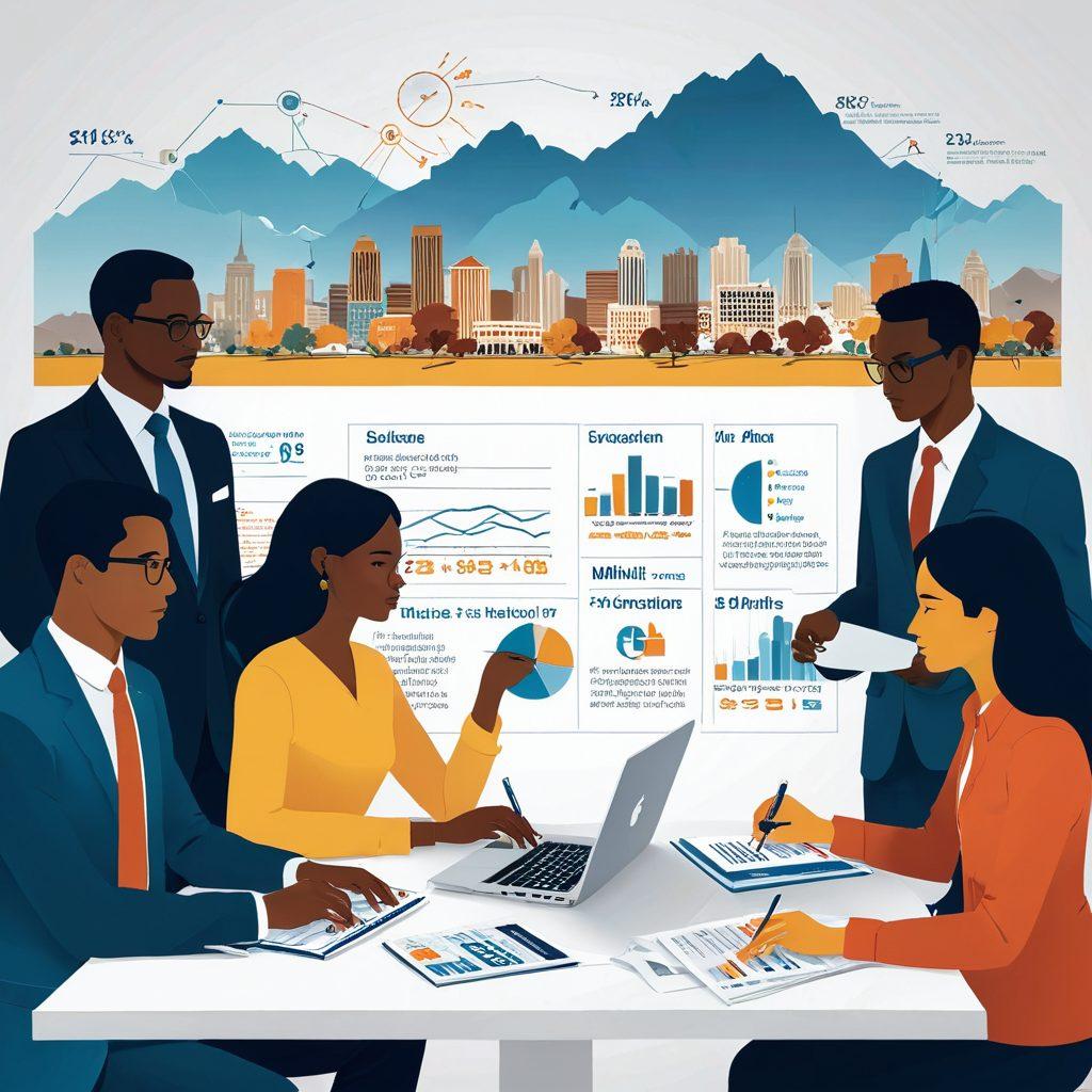 A clear and informative graphic depicting a diverse group of individuals gathered around a table, discussing tax documents with various tools like calculators and laptops. In the background, the silhouette of Riverside County's landmarks, including mountains and cityscapes, subtly incorporated. Use an engaging color palette to make the image inviting and educational. Infographic elements like charts or bullet points can be included to highlight key tax info. modern illustration style. vibrant colors. white background.